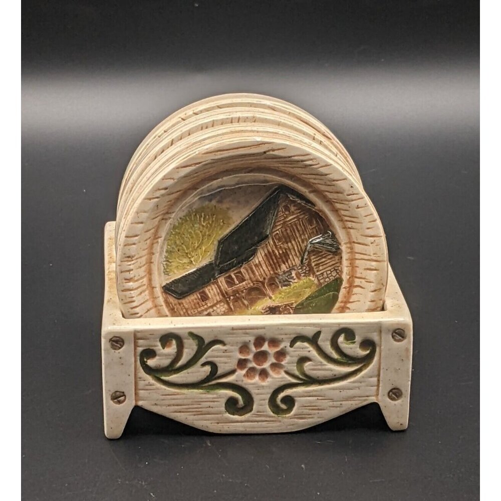 5 Piece Hobbyist Ceramic Coasters Set of 4 with Caddy Four Seasons Country Vtg